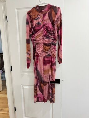 Anthropologie Pink & Brown Ruched Long Sleeve Midi Dress